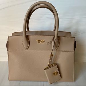 Prada Beige Saffiano Leather Tote with Gold Logo